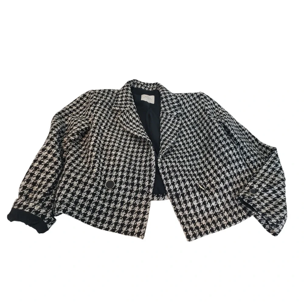 Vintage Blazer Suit Jacket Womens 12 Black White Houndstooth Cropped Tweed Paris - Picture 1 of 16